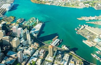 Coastal city with tall buildings