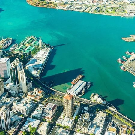 Coastal city with tall buildings
