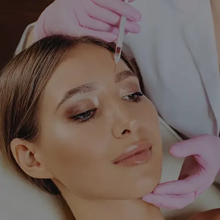 A woman gets a forehead botulinum injection from a professional in a clinical or spa setting.