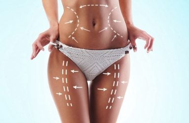 Person in white underwear against blue background