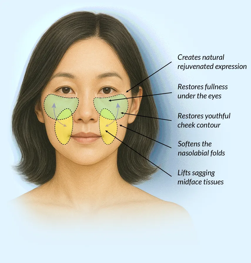 Medical illustration of a 45-year-old Asian woman showing mid facelift benefits with highlighted treatment areas under the eyes and cheeks.