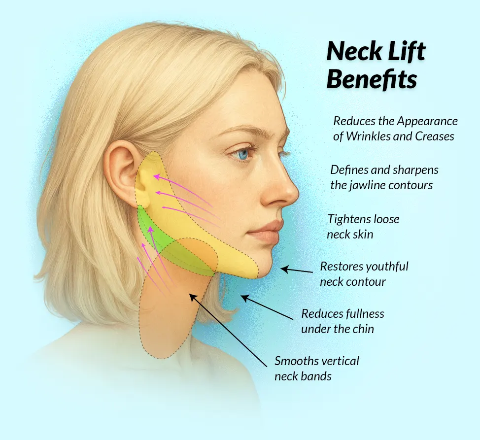 Side profile medical illustration of a woman showing the benefits of a neck lift. Labeled areas indicate improved jawline definition, tighter neck skin, restored youthful contour, reduced fullness under the chin, and smoother vertical neck bands.