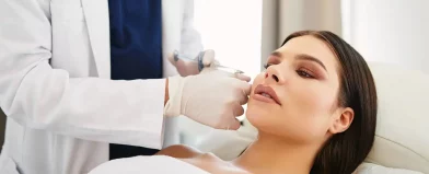 A professional gives a facial injection to a relaxed woman in a treatment room.