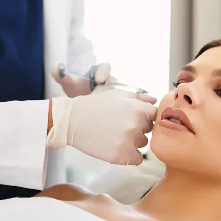 A professional gives a facial injection to a relaxed woman in a treatment room.