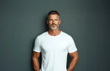 Bearded man in white t-shirt stands against dark background