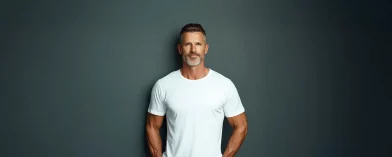 Bearded man in white t-shirt stands against dark background