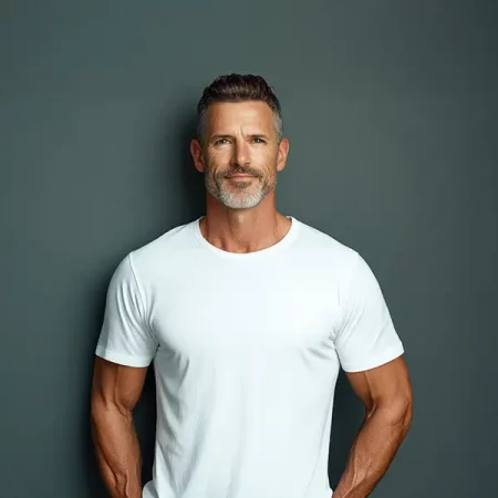 Bearded man in white t-shirt stands against dark background