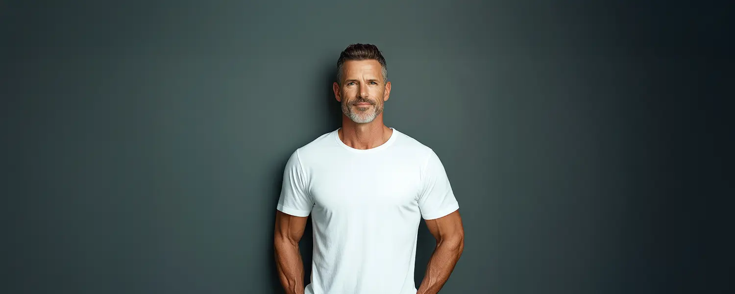 Bearded man in white t-shirt stands against dark background